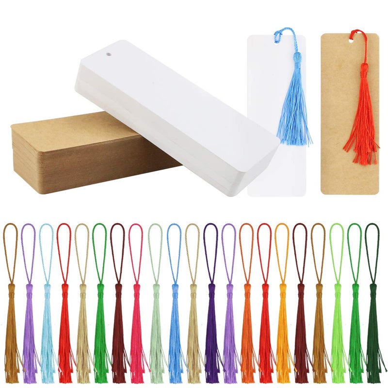 Wpxmer 120 Pcs Kraft Paper Blank Cardstock Bookmarks, Paper Bookmarks with 100 Pieces Colorful Tassels for DIY Classroom Projects and Gifts Tags - Image 1
